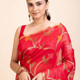 Red Floral Woven Chanderi Silk Saree - Anvi Couture