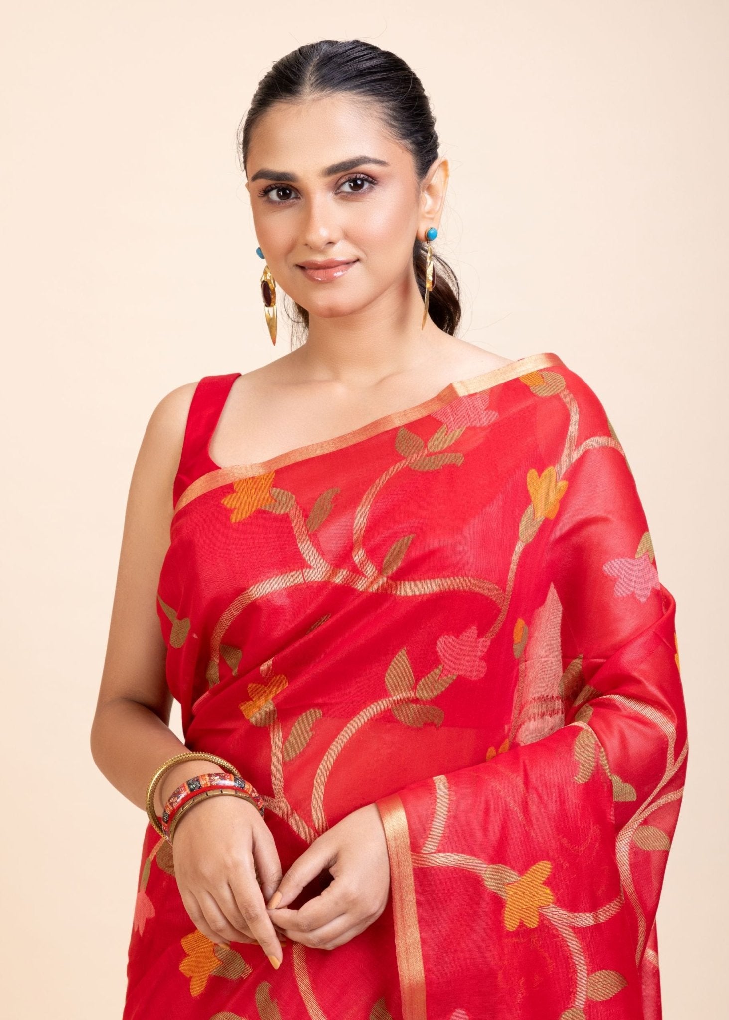 Red Floral Woven Chanderi Silk Saree - Anvi Couture
