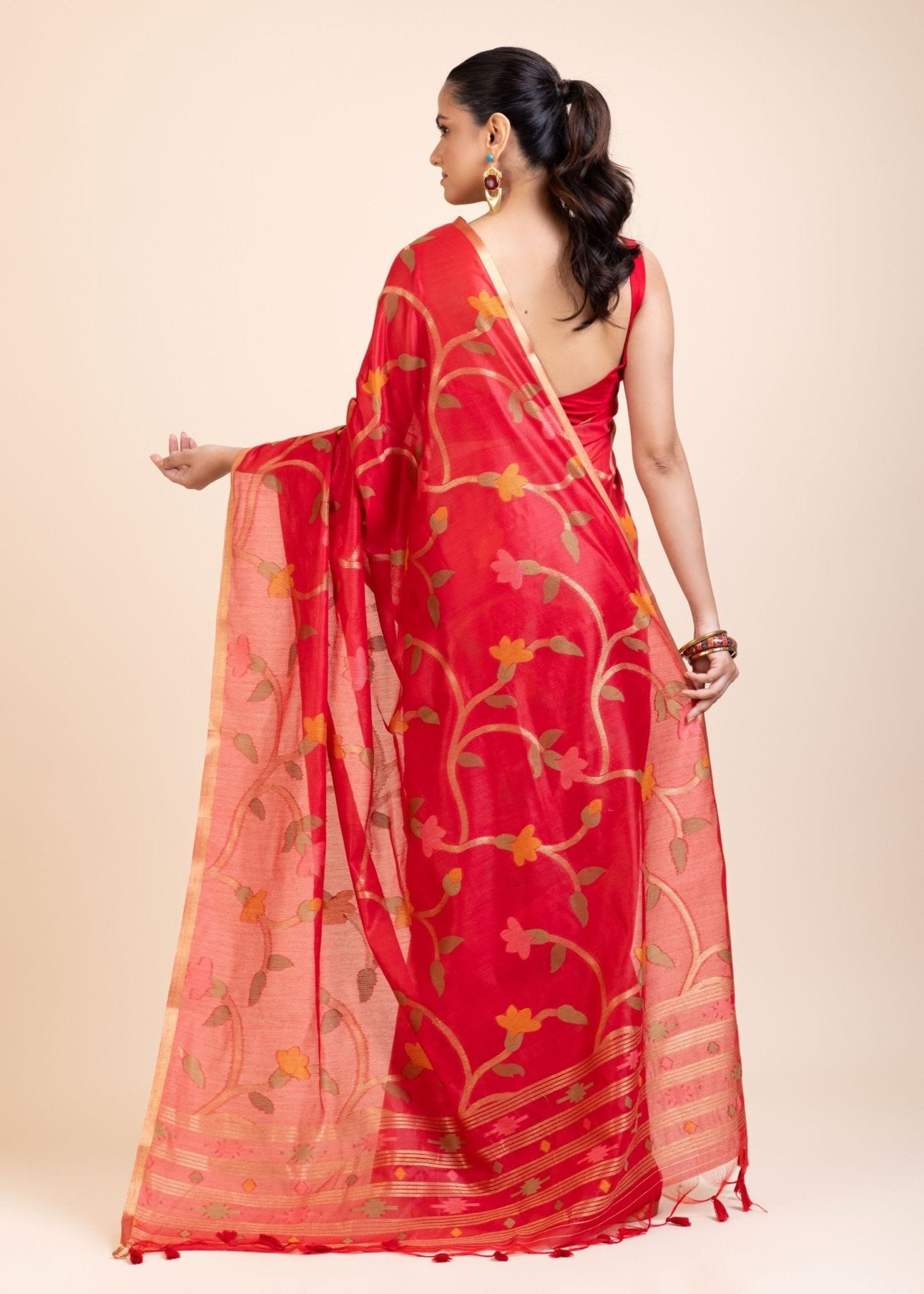 Red Floral Woven Chanderi Silk Saree - Anvi Couture