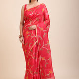 Red Floral Woven Chanderi Silk Saree Full
