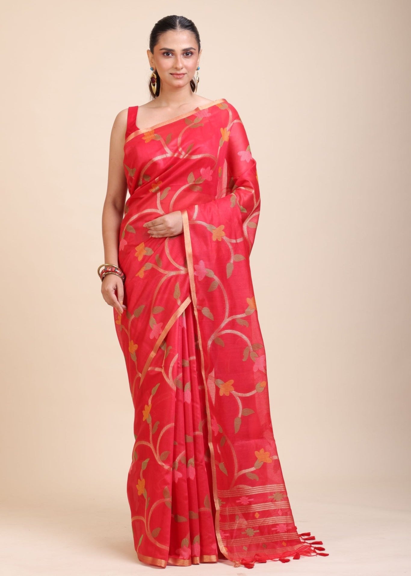 Red Floral Woven Chanderi Silk Saree - Anvi Couture