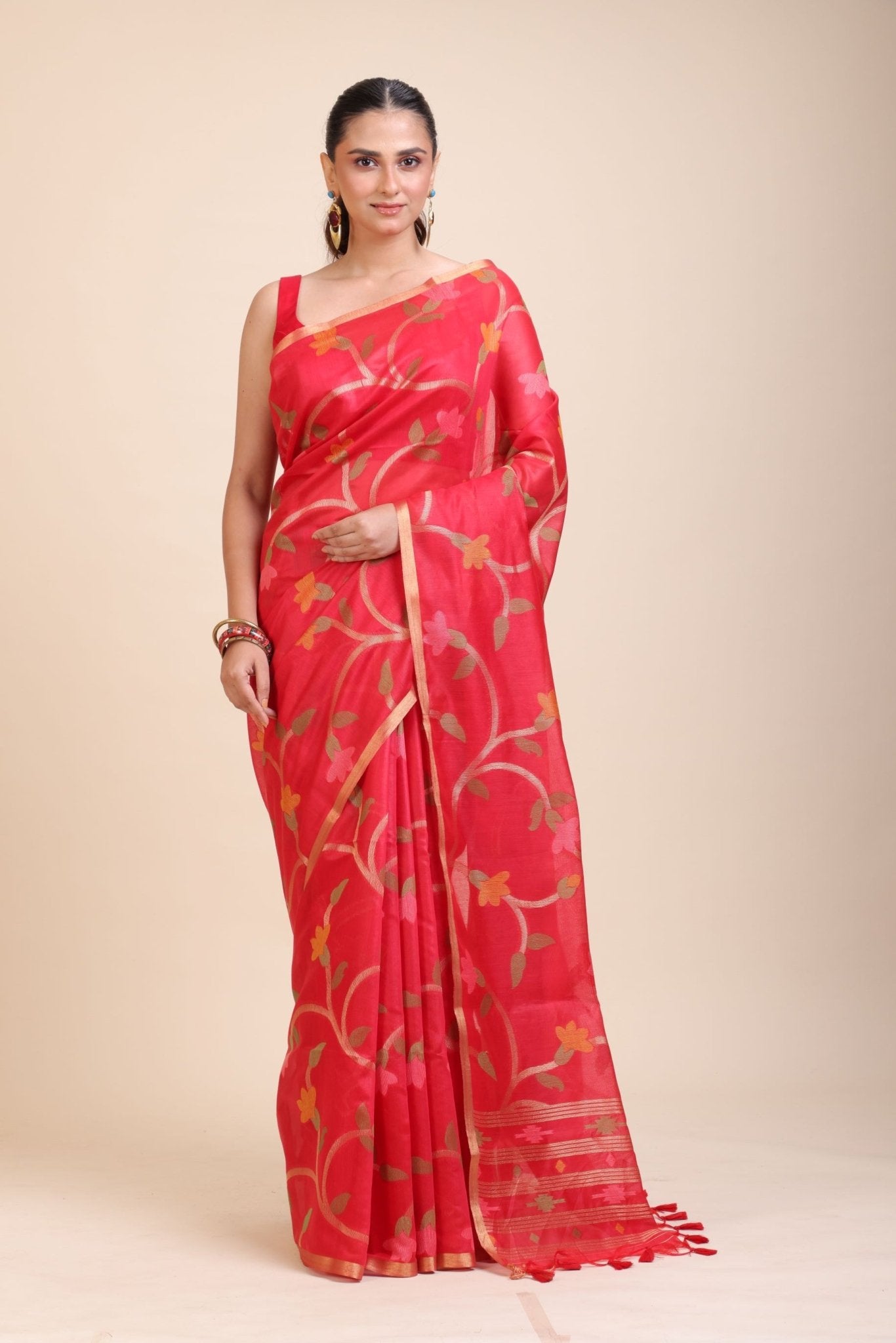 Red Floral Woven Chanderi Silk Saree - Anvi Couture