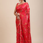 Red Floral Woven Chanderi Silk Saree Front
