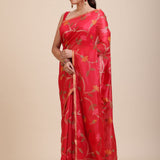 Red Floral Woven Chanderi Silk Saree Front
