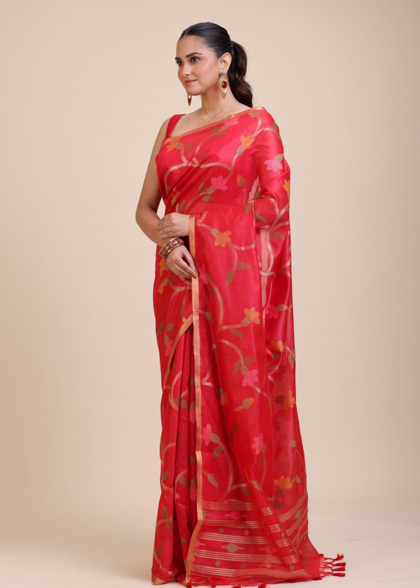 Red Floral Woven Chanderi Silk Saree - Anvi Couture