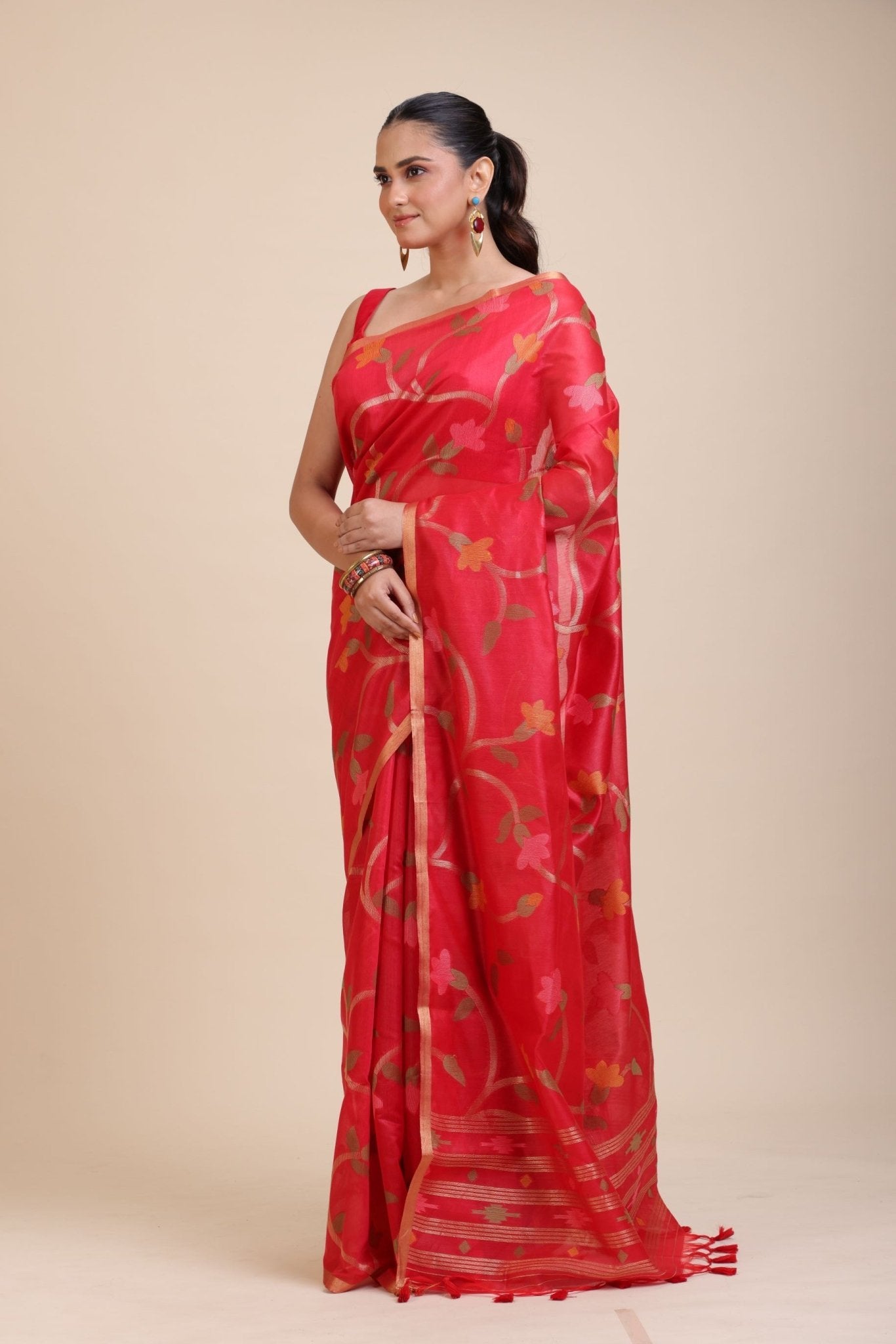 Red Floral Woven Chanderi Silk Saree - Anvi Couture