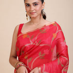 Red Floral Woven Chanderi Silk Saree Close Up
