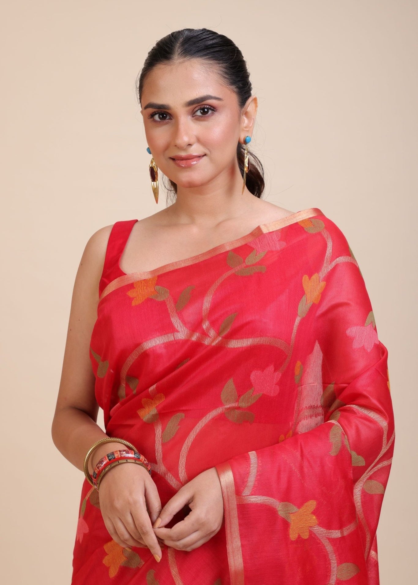 Red Floral Woven Chanderi Silk Saree - Anvi Couture
