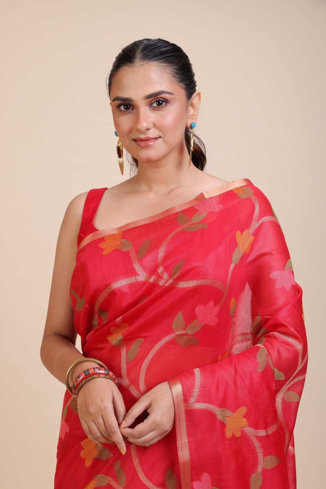 Red Floral Woven Chanderi Silk Saree - Anvi Couture
