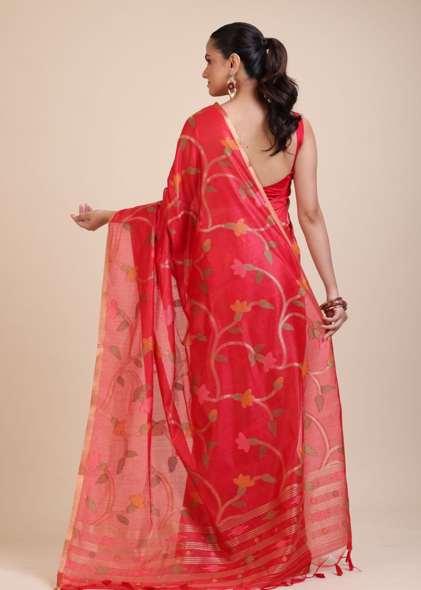 Red Floral Woven Chanderi Silk Saree - Anvi Couture