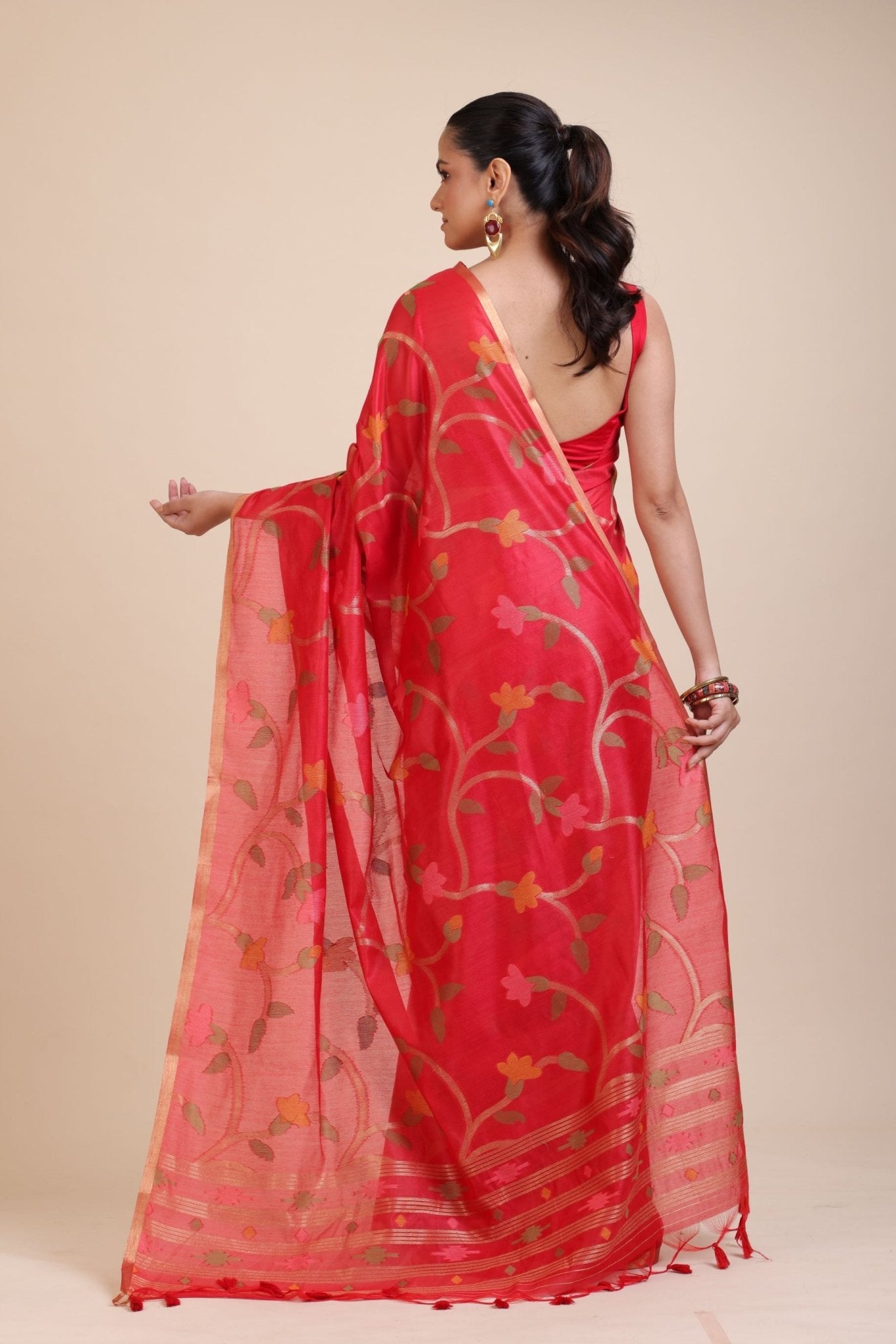 Red Floral Woven Chanderi Silk Saree - Anvi Couture