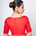 Red Half Sleeves Boat Neck Cotton Silk Blouse With Back Clouser - Anvi Couture