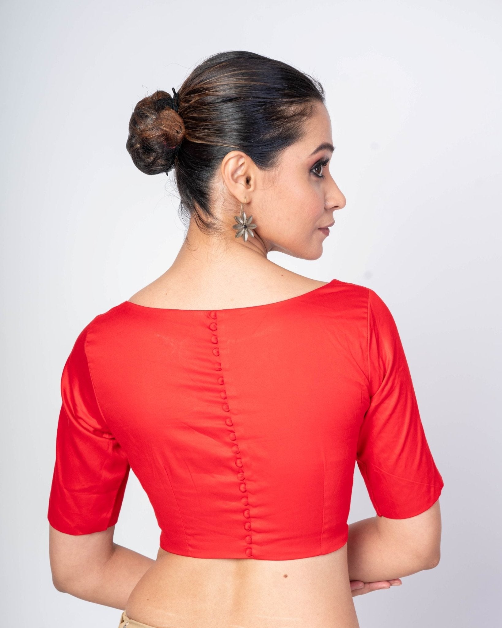 Red Half Sleeves Boat Neck Cotton Silk Blouse With Back Clouser - Anvi Couture