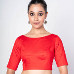 Red Half Sleeves Boat Neck Cotton Silk Blouse With Back Clouser - Anvi Couture