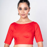 Red Half Sleeves Boat Neck Cotton Silk Blouse With Back Clouser - Anvi Couture