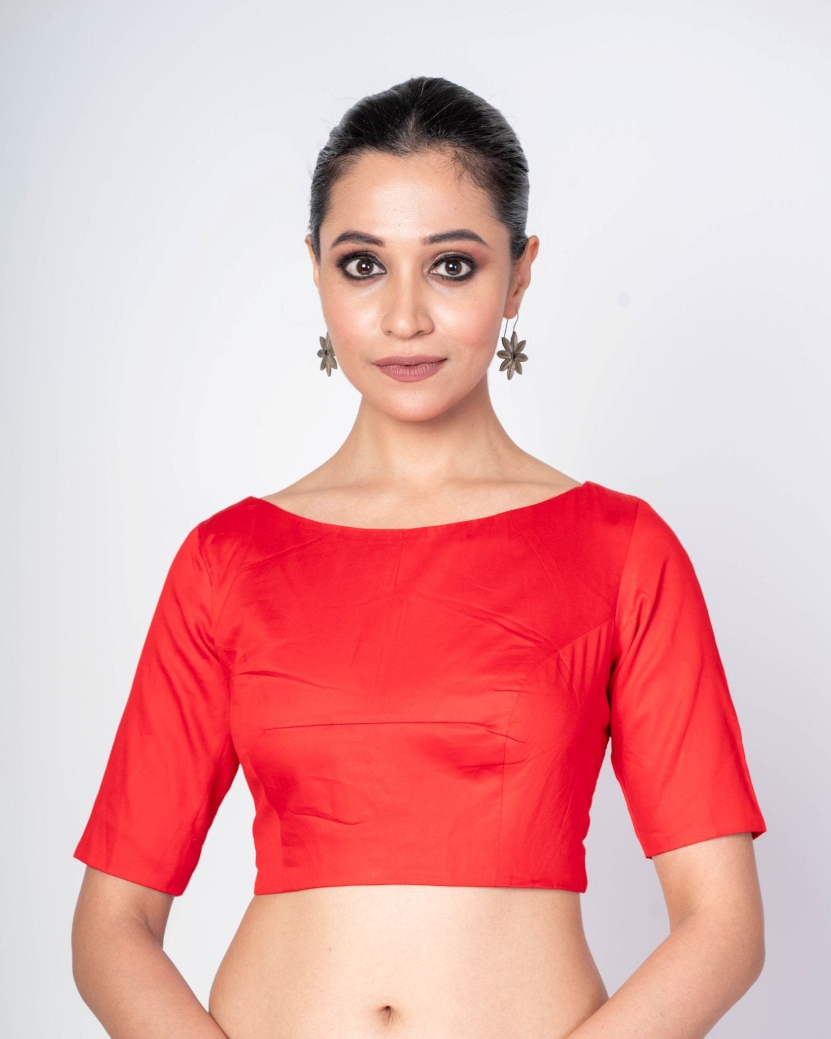 Red Half Sleeves Boat Neck Cotton Silk Blouse With Back Clouser - Anvi Couture