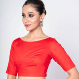 Red Half Sleeves Boat Neck Cotton Silk Blouse With Back Clouser - Anvi Couture