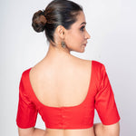 Red Half Sleeves Square Neck Cotton Silk Blouse With U - Back Closure - Anvi Couture