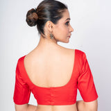 Red Half Sleeves Square Neck Cotton Silk Blouse With U - Back Closure - Anvi Couture