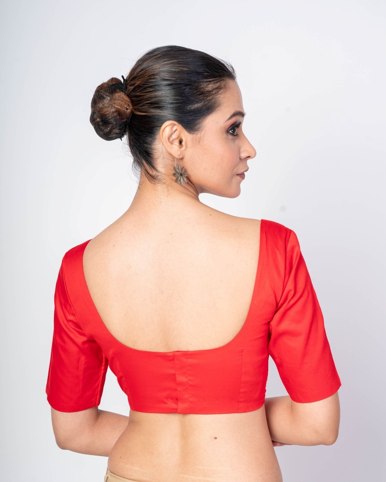 Red Half Sleeves Square Neck Cotton Silk Blouse With U - Back Closure - Anvi Couture