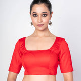 Red Half Sleeves Square Neck Cotton Silk Blouse With U - Back Closure - Anvi Couture