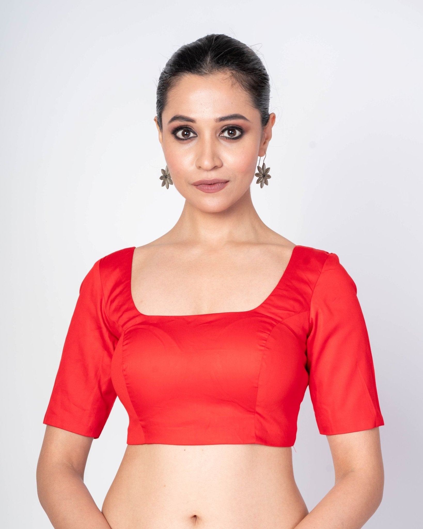Red Half Sleeves Square Neck Cotton Silk Blouse With U - Back Closure - Anvi Couture