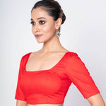 Red Half Sleeves Square Neck Cotton Silk Blouse With U - Back Closure - Anvi Couture