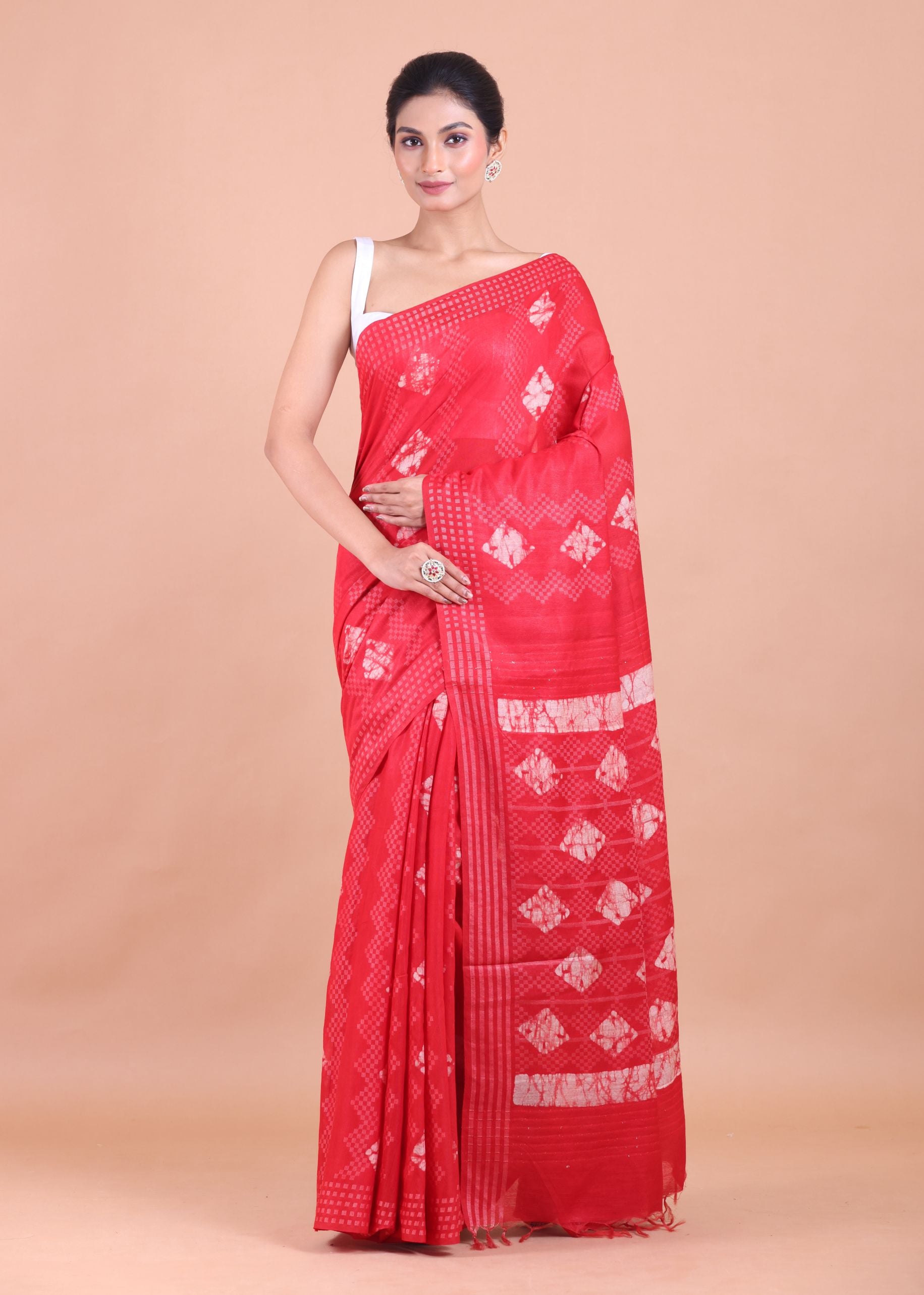 Red Hand Block Printed Saree Full View