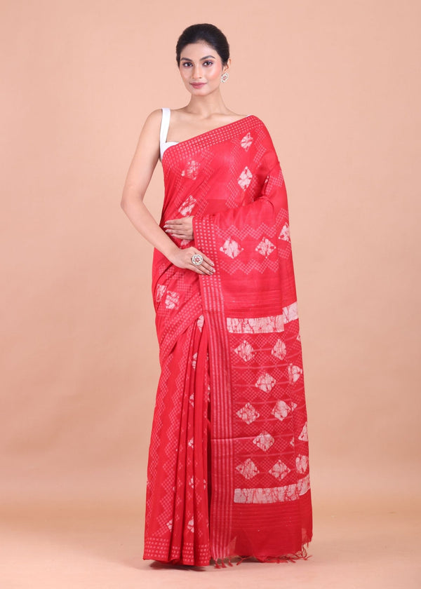 Red Hand Block Printed Saree - Anvi Couture