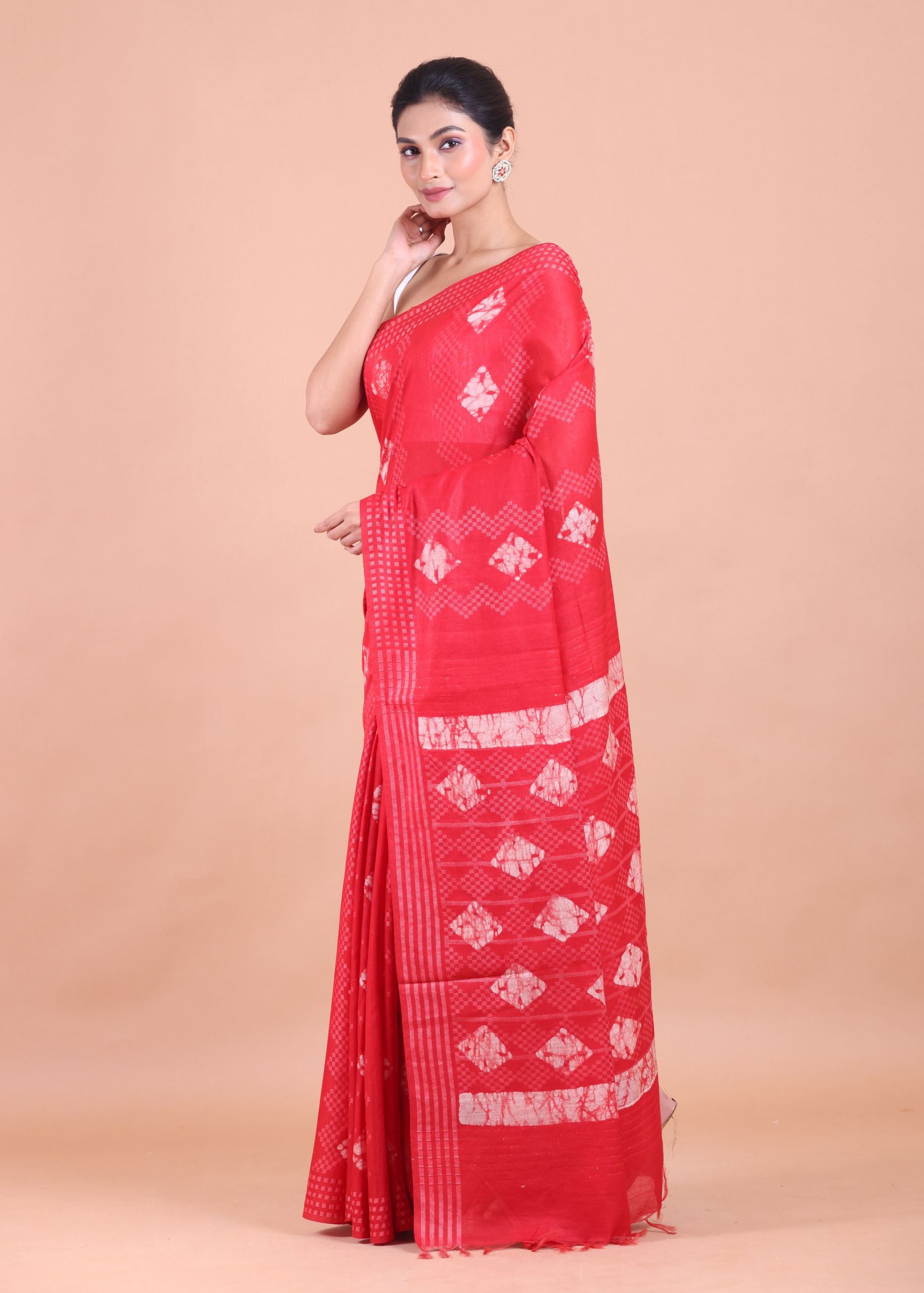 Red Hand Block Printed Saree Side View