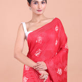 Red Hand Block Printed Saree Close Up