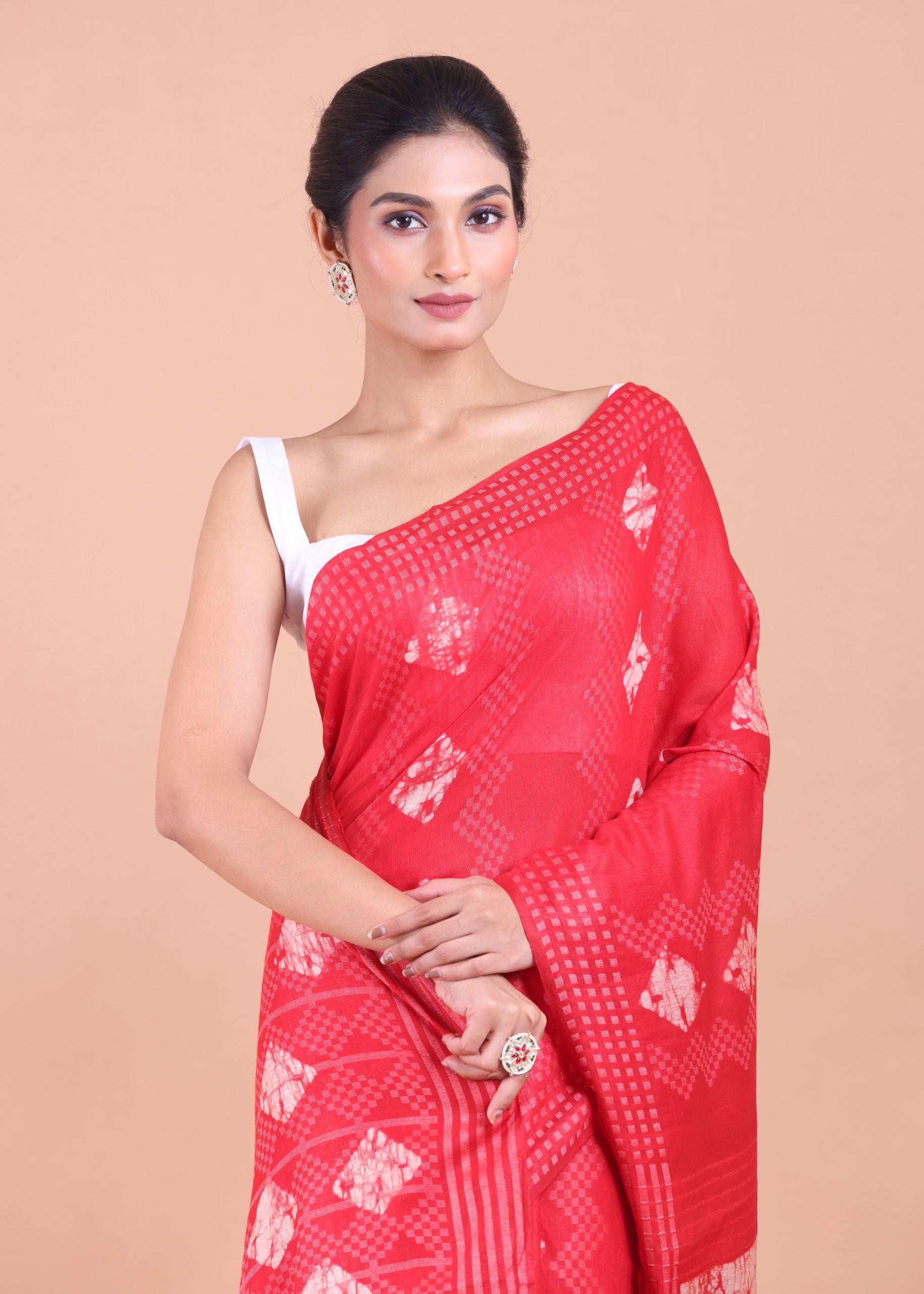 Red Hand Block Printed Saree Close Up