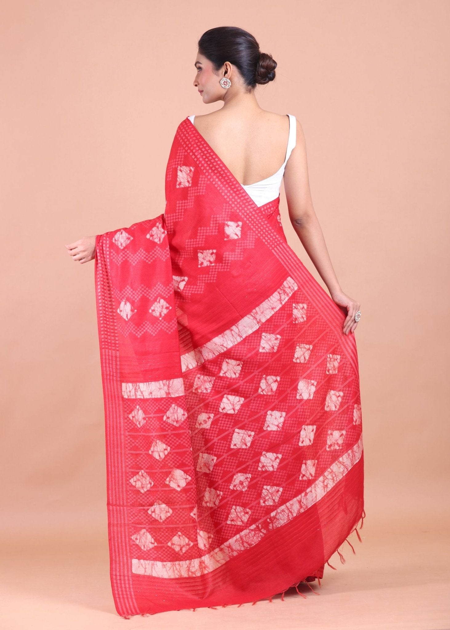 Red Hand Block Printed Saree - Anvi Couture