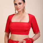 Red Hand Embroidered Designer Blouse Close Up 

