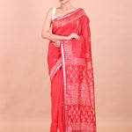 Red Handblock Printed Saree Full view