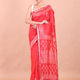 Red Handblock Printed Saree Full view