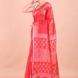Red Handblock Printed Saree Side View