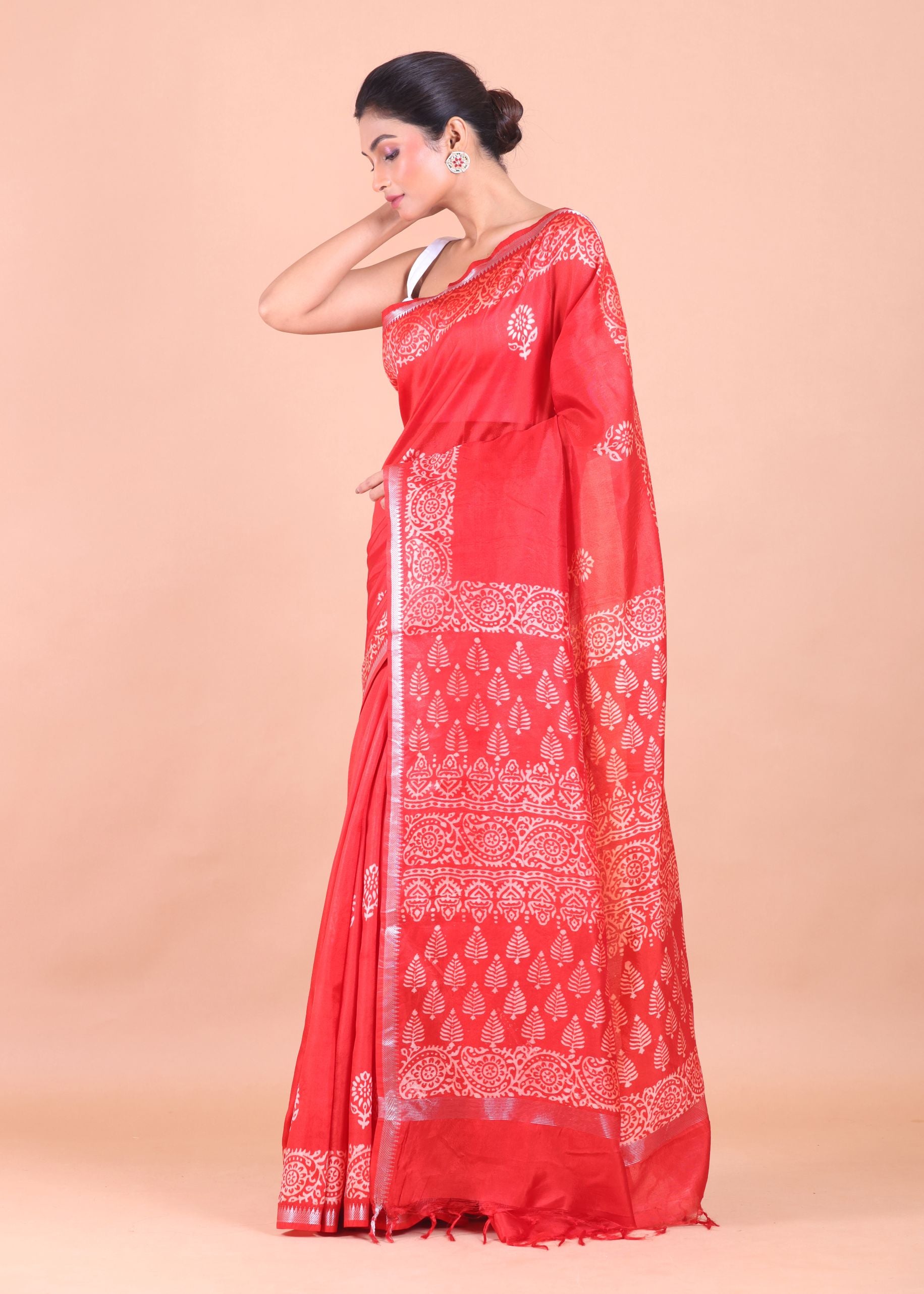 Red Handblock Printed Saree Side View