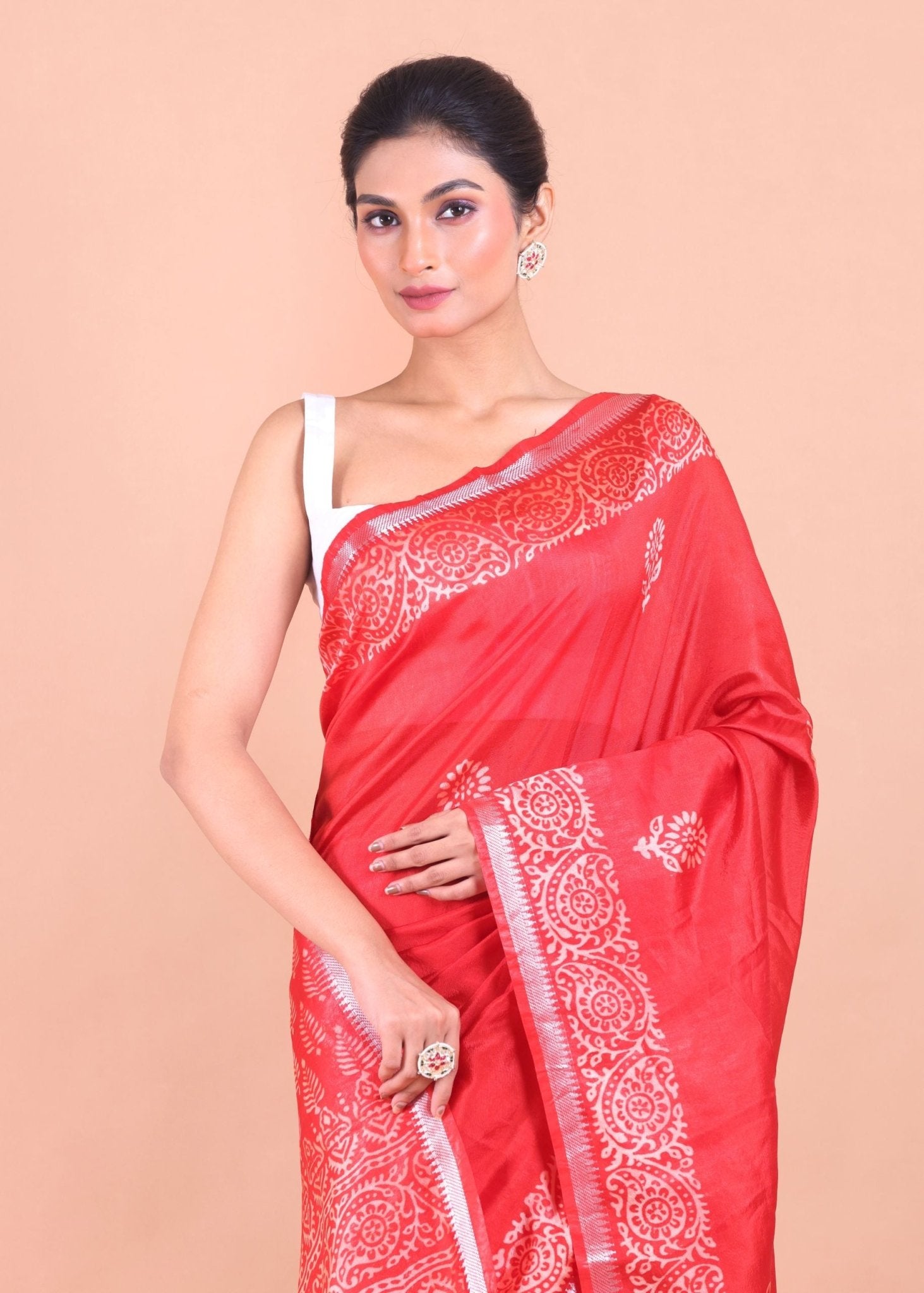 Red Handblock Printed Saree - Anvi Couture