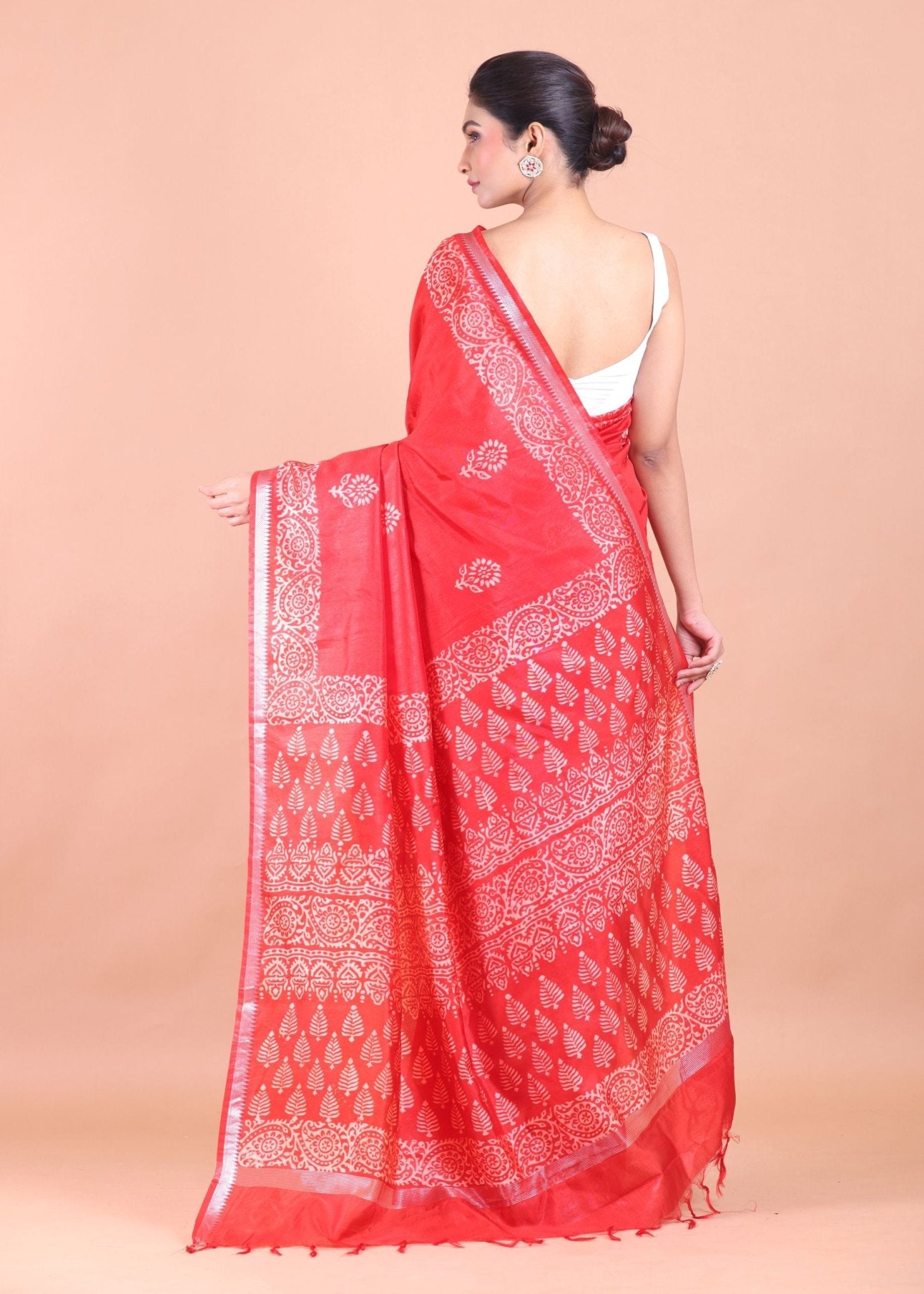 Red Handblock Printed Saree - Anvi Couture