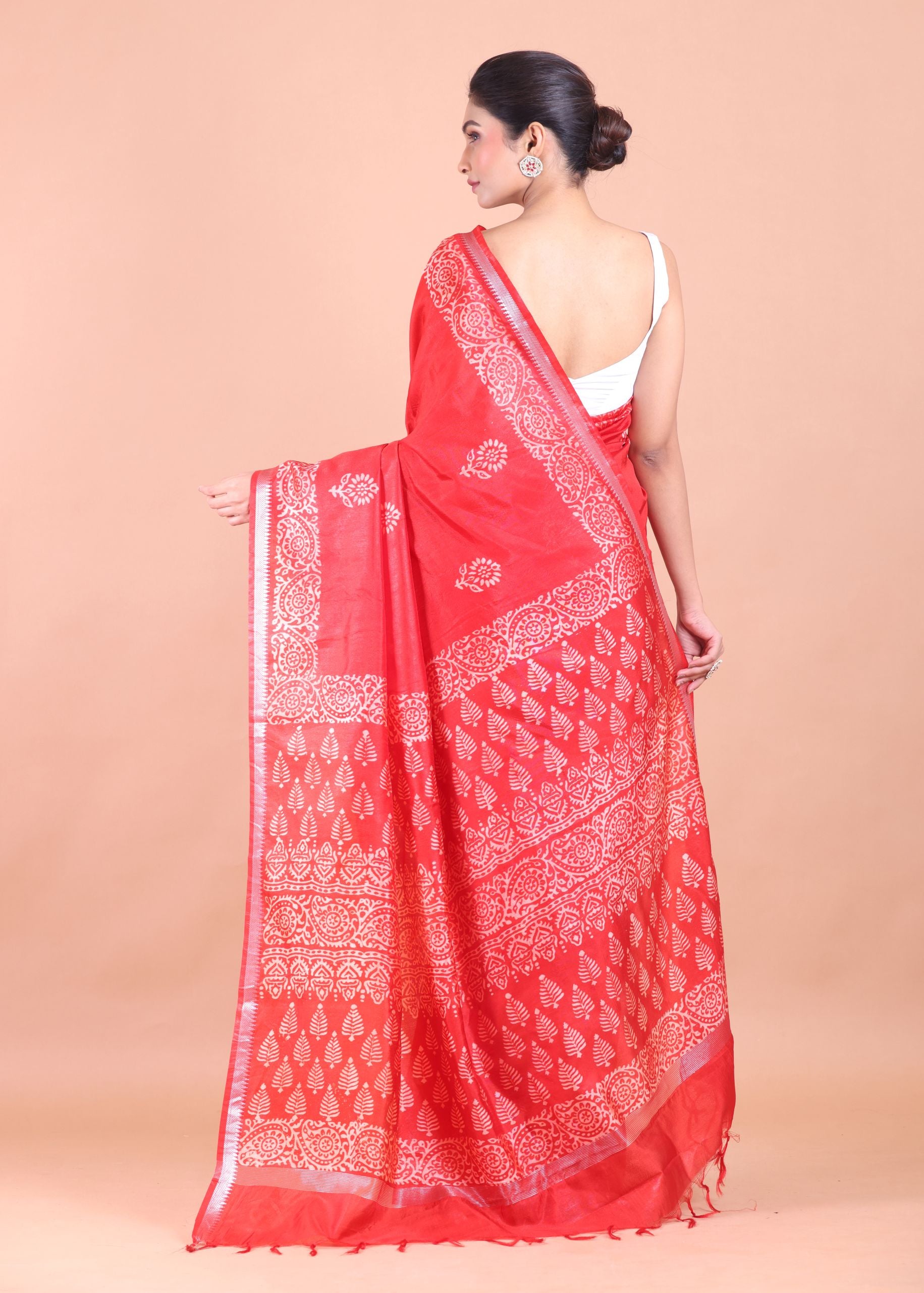 Red Handblock Printed Saree Back