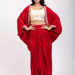 Red Indo Western Embroidered Crop Top Skirt Set With Cape full