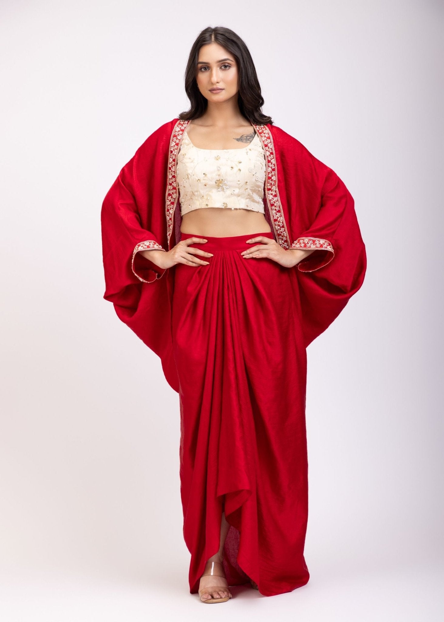 Red Indo Western Embroidered Crop Top Skirt Set With Cape - Anvi Couture