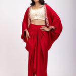 Red Indo Western Embroidered Crop Top Skirt Set With Cape front