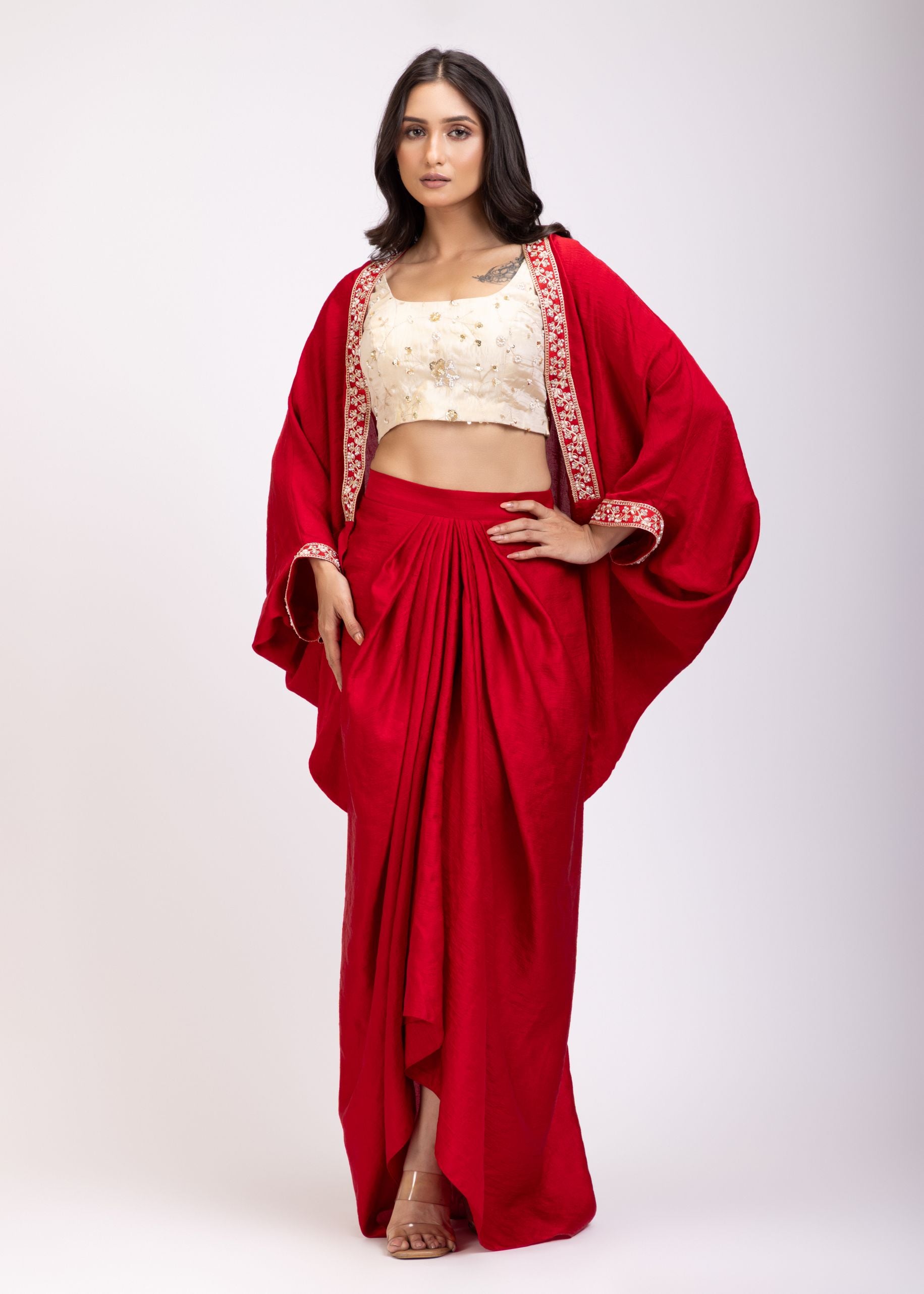 Red Indo Western Embroidered Crop Top Skirt Set With Cape front