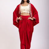 Red Indo Western Embroidered Crop Top Skirt Set With Cape side
