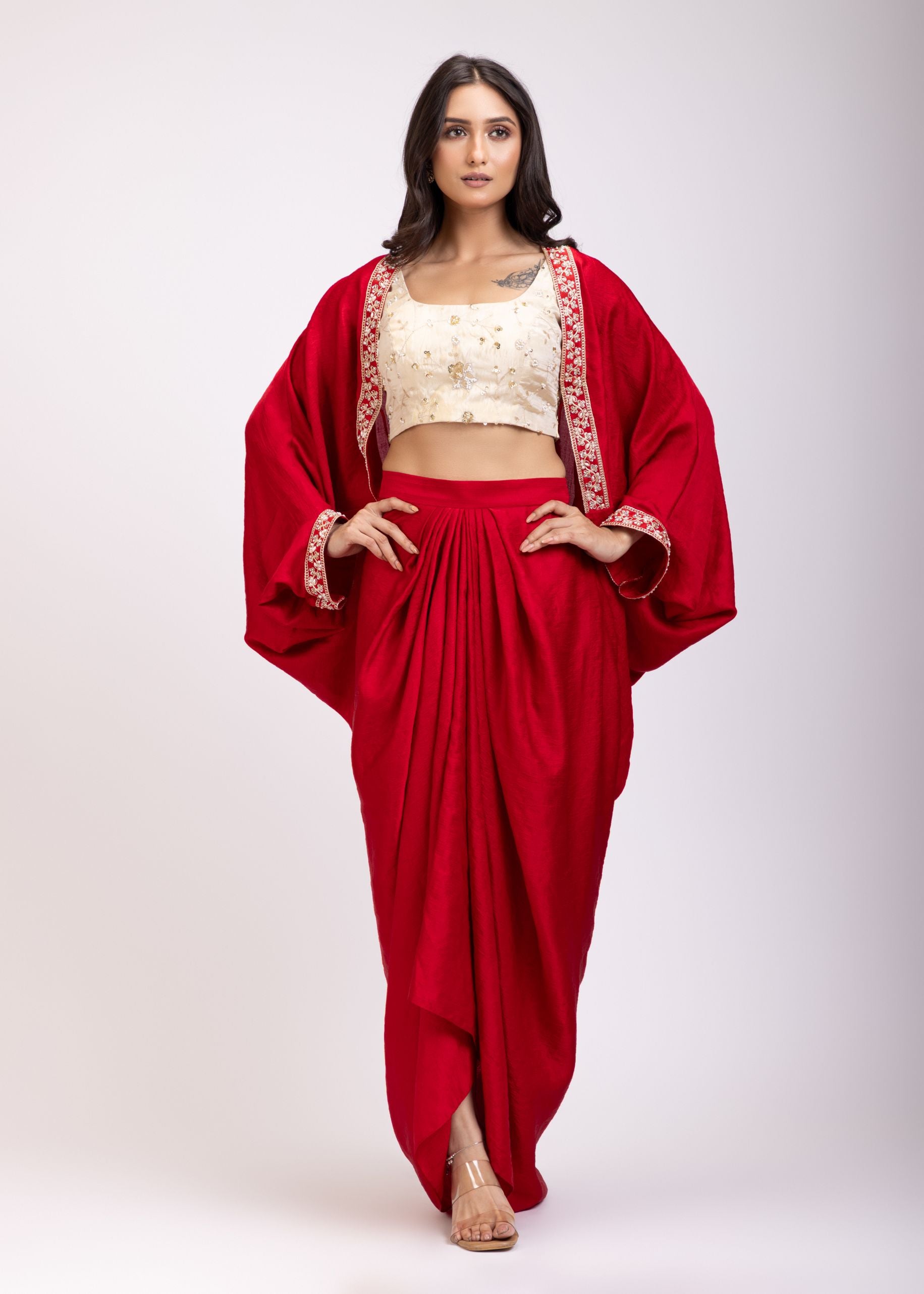 Red Indo Western Embroidered Crop Top Skirt Set With Cape side