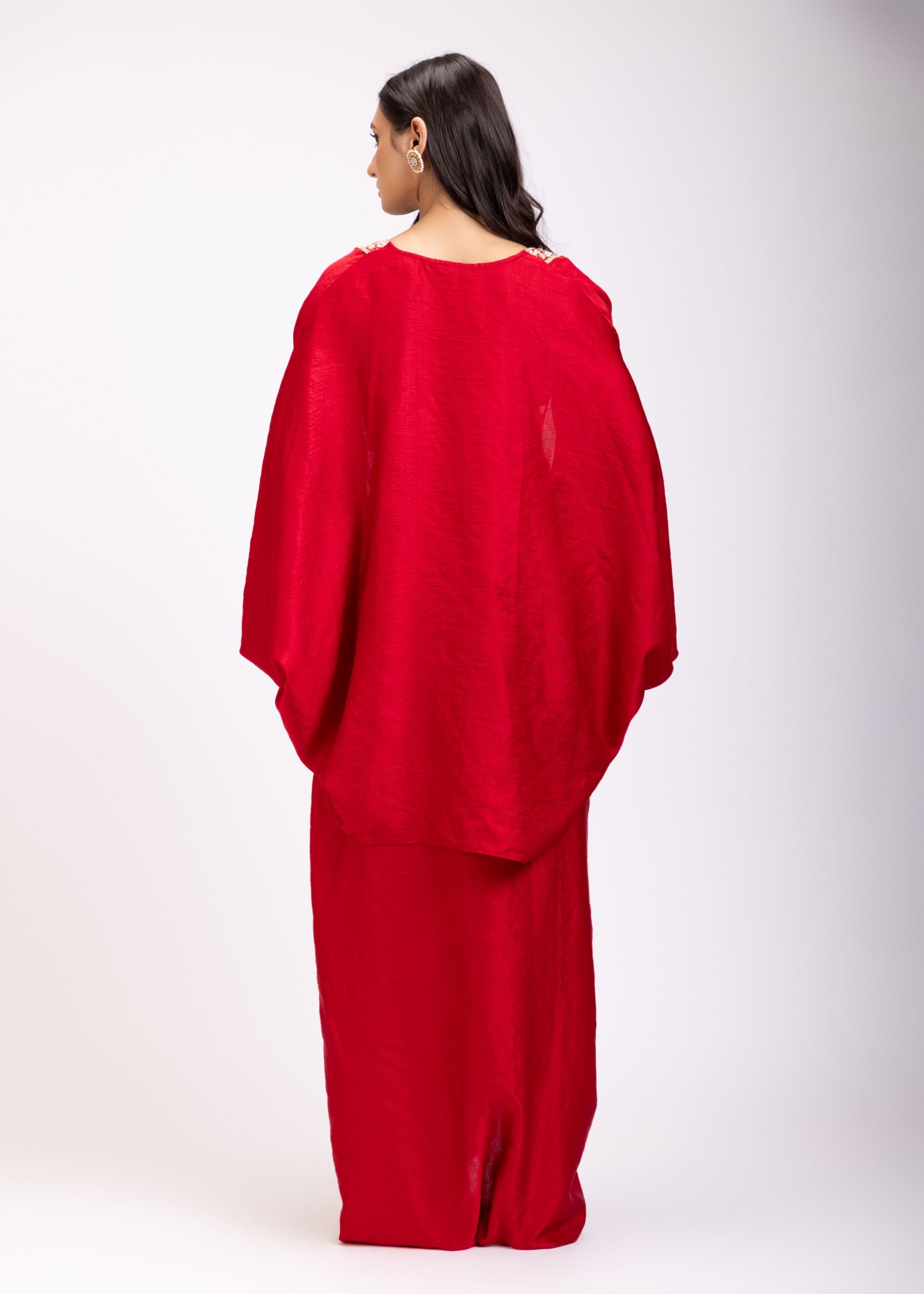 Red Indo Western Embroidered Crop Top Skirt Set With Cape back