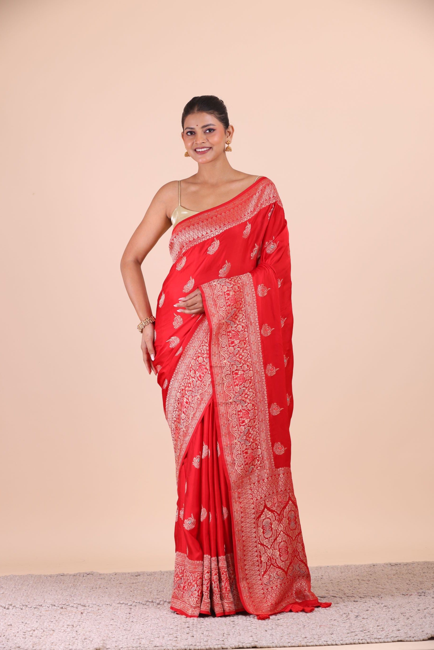 Red Katan Banarasi Silk Saree Front View