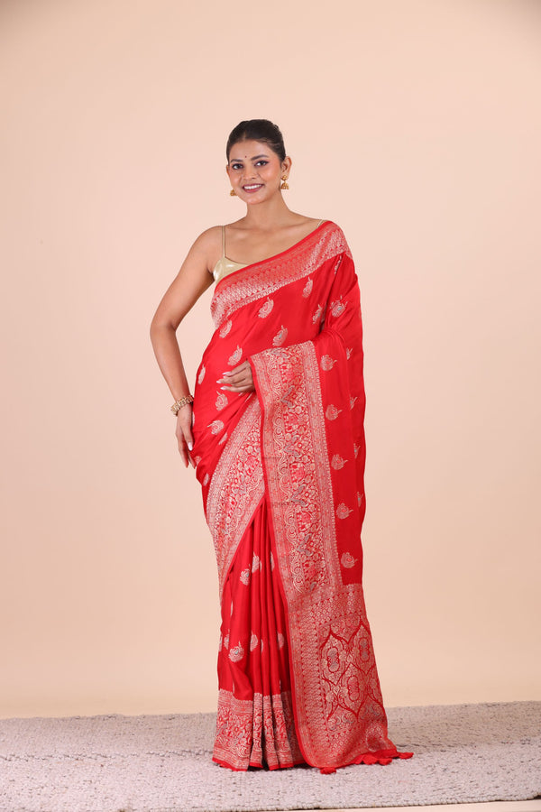 Red Katan Banarasi Silk Saree Front View